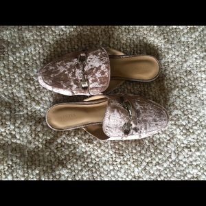 Pink faux velvet slides